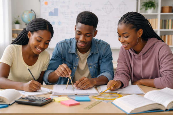 Illustration showing basic geometry concepts including triangles, circles, angles, and 3D shapes labeled for student learning