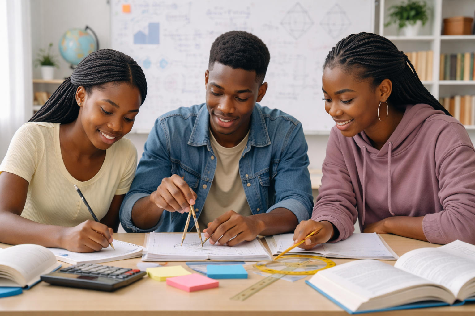 Illustration showing basic geometry concepts including triangles, circles, angles, and 3D shapes labeled for student learning