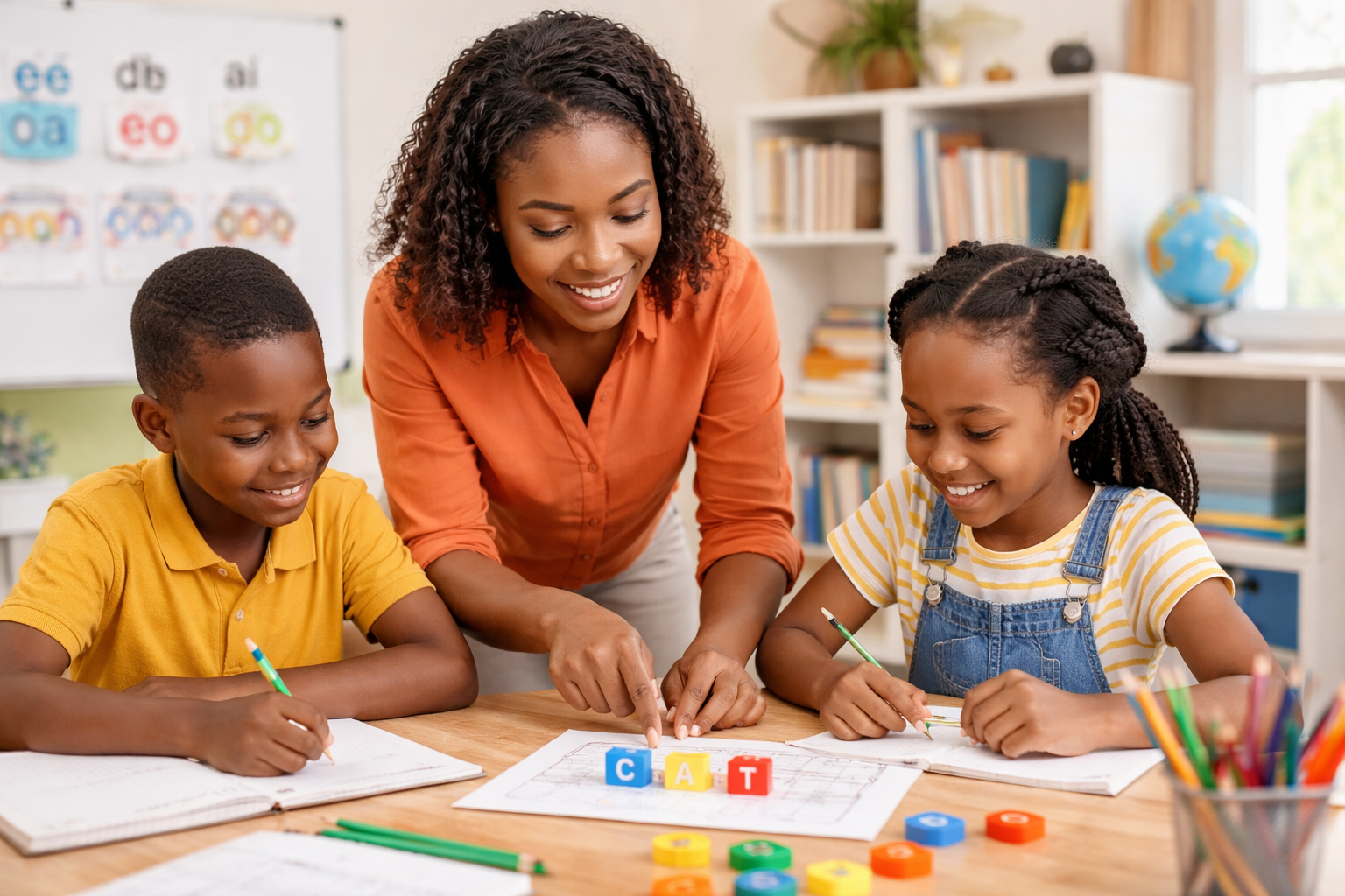 Teacher guiding a student with dyslexia through structured spelling activities using visual and multisensory learning tools in a classroom setting