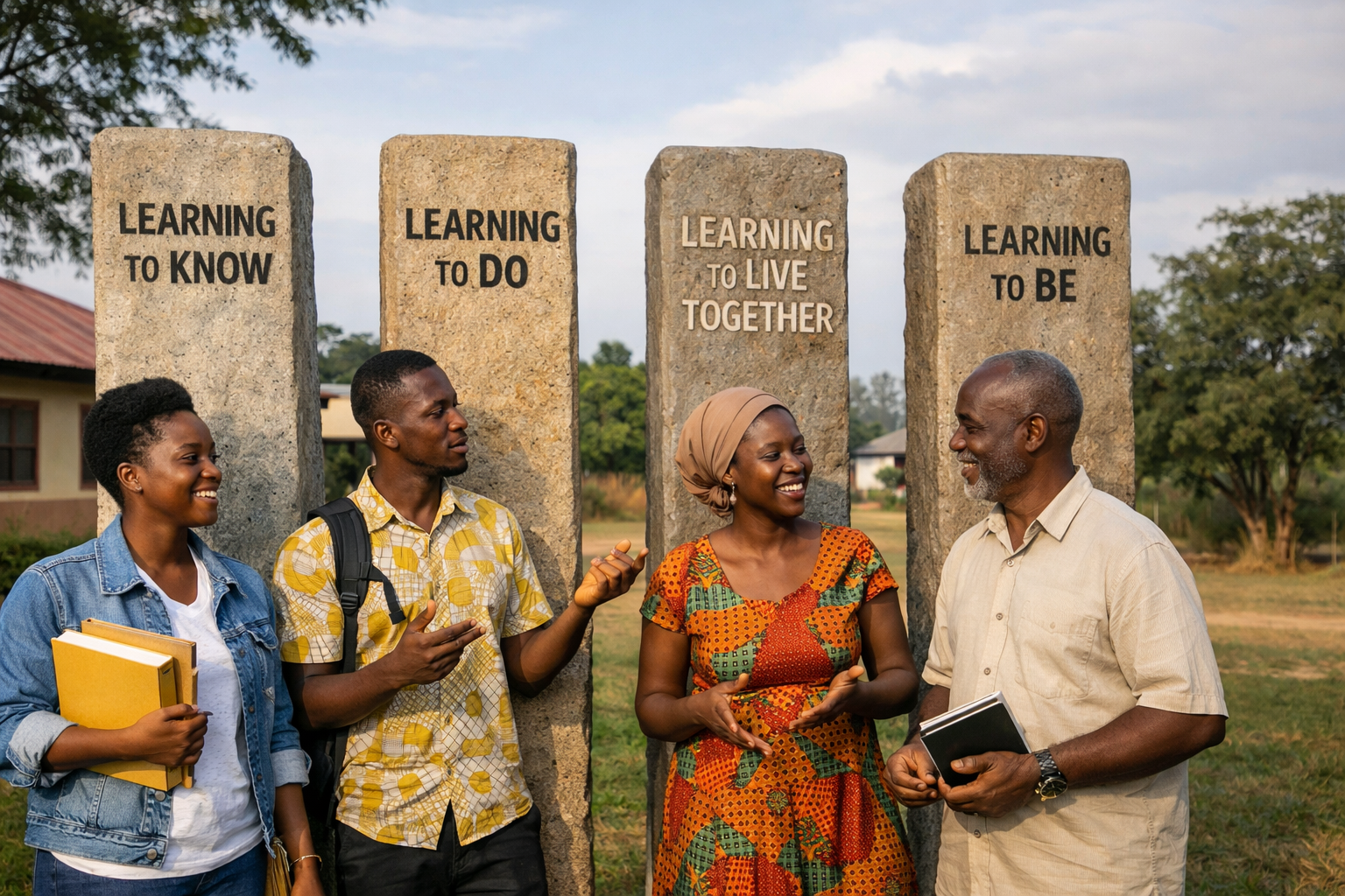 Illustration representing the four pillars of education—learning to know, learning to do, learning to live together, and learning to be.