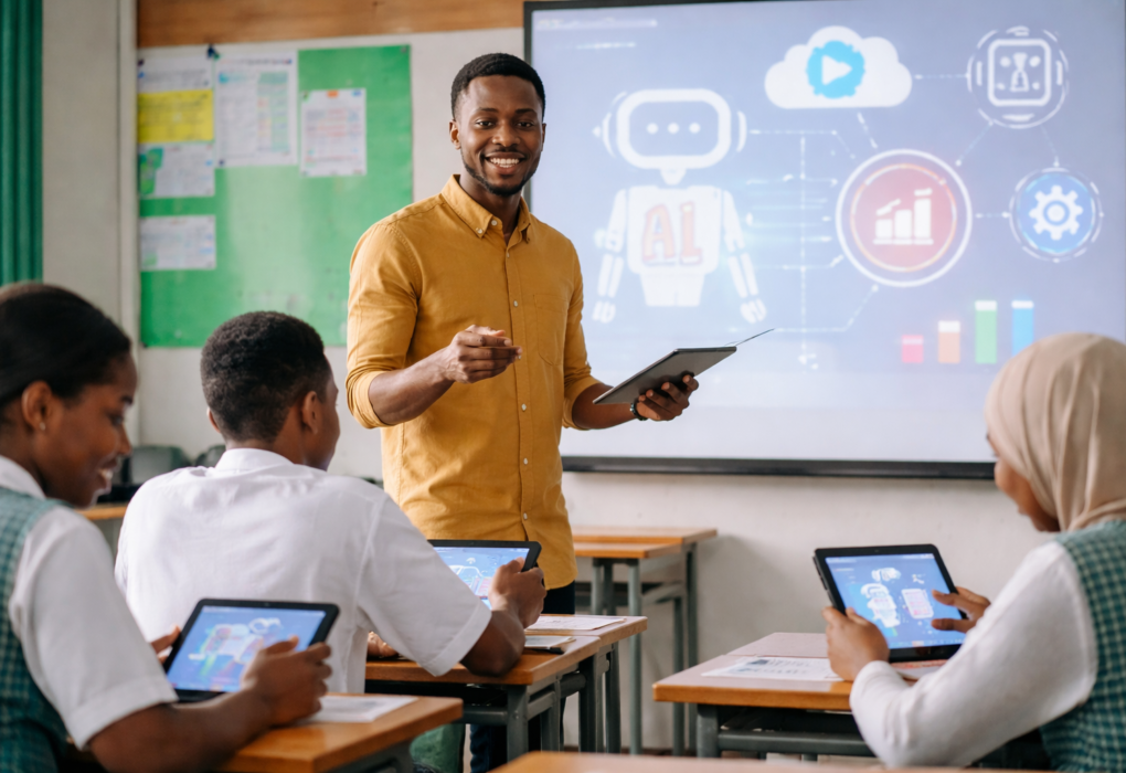 Teacher using a tablet to support students in a Nigerian classroom with simple AI learning tools