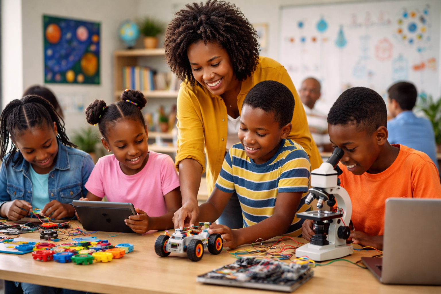 Diverse group of young students collaborating on hands-on STEM learning activities in an inclusive classroom