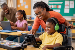A diverse group of teachers collaborating in an inclusive classroom using assistive technology to support students with special educational needs