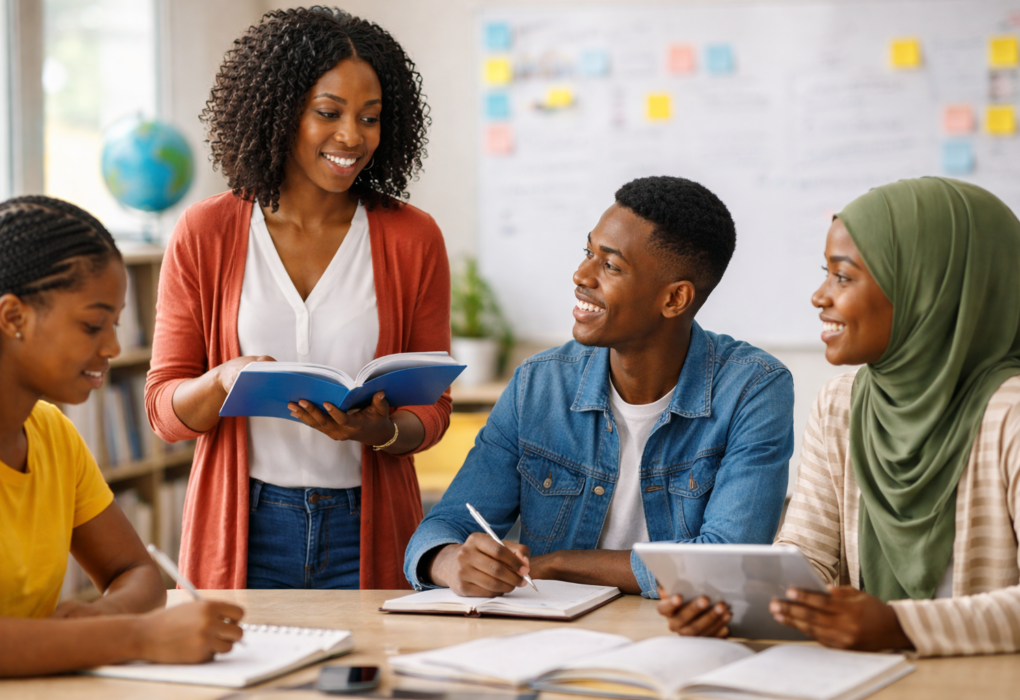 a teacher using different teaching methods—lecture, group discussion, hands-on learning, and student inquiry—in a modern classroom.