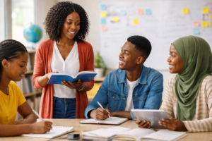 a teacher using different teaching methods—lecture, group discussion, hands-on learning, and student inquiry—in a modern classroom.