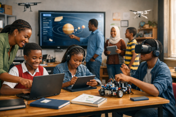 Students and teachers in a modern African classroom using digital tools and collaborative learning methods to prepare for 21st-century education.