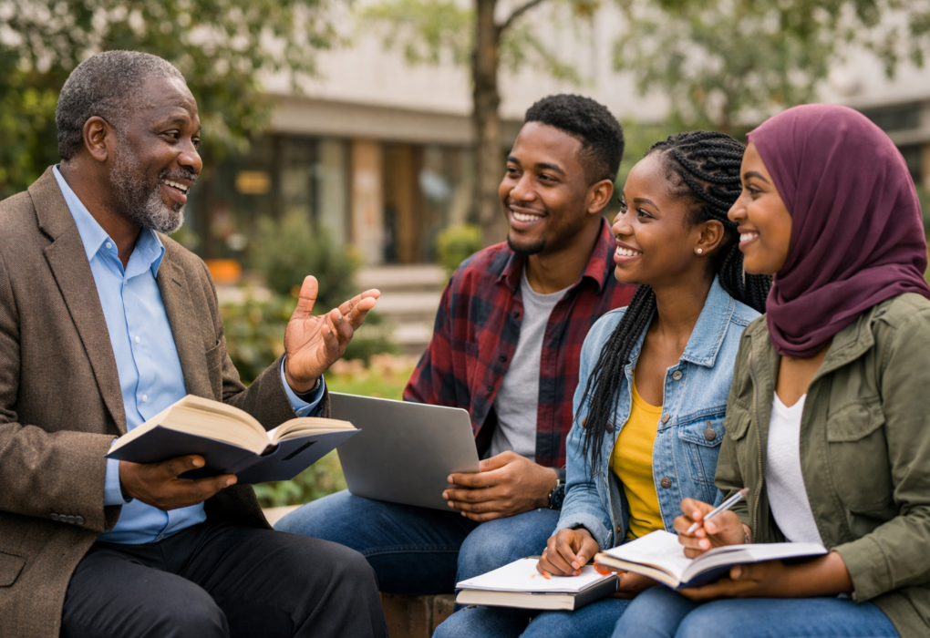 An educator explaining concepts to students in a classroom, illustrating scholarly perspectives on the meaning of teaching.
