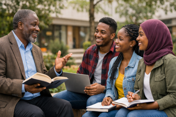 An educator explaining concepts to students in a classroom, illustrating scholarly perspectives on the meaning of teaching.