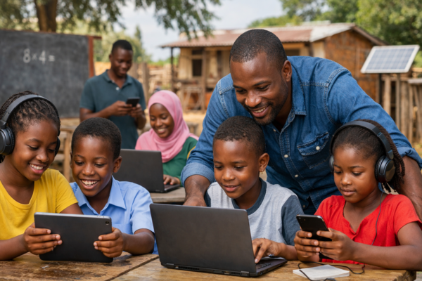 African students using digital learning technology in a classroom to improve access to education