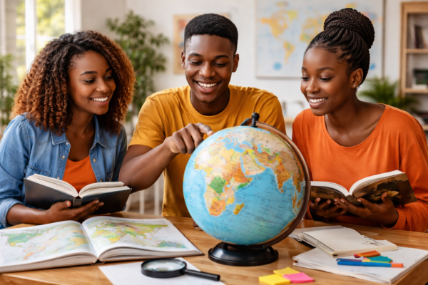 World map with students studying geography, globes, landforms, and climate patterns illustrating fascinating geography facts for students.