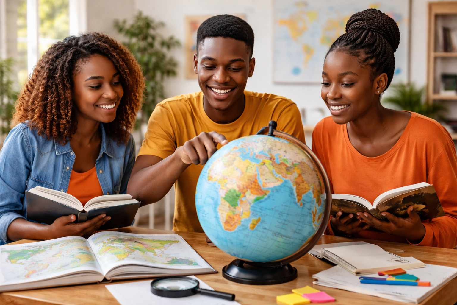 World map with students studying geography, globes, landforms, and climate patterns illustrating fascinating geography facts for students.