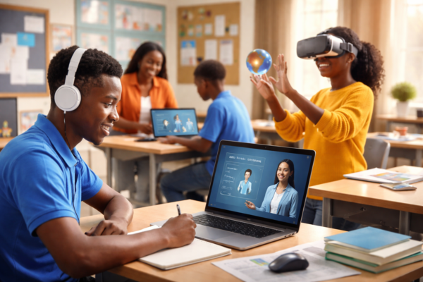 Students learning in a modern digital classroom using AI tutors and virtual reality headsets to enhance education through technology