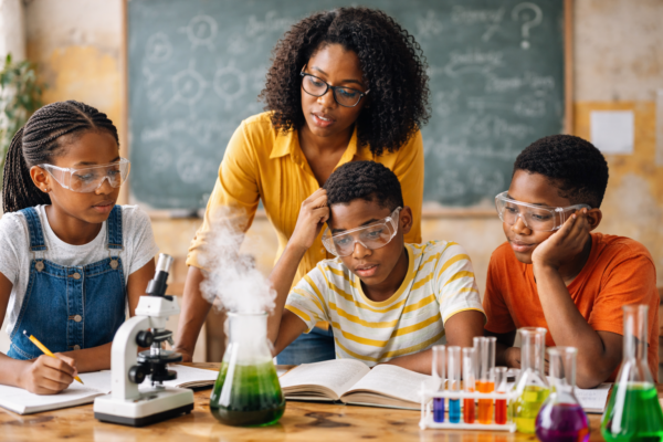 Students in a science classroom conducting experiments, representing the challenges and future opportunities of science education in Africa.