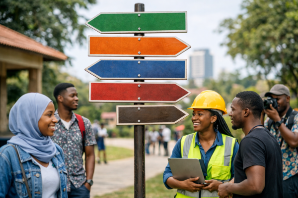 Career guidance for secondary school students showing a student exploring different education and career pathways with support from a school counselor.