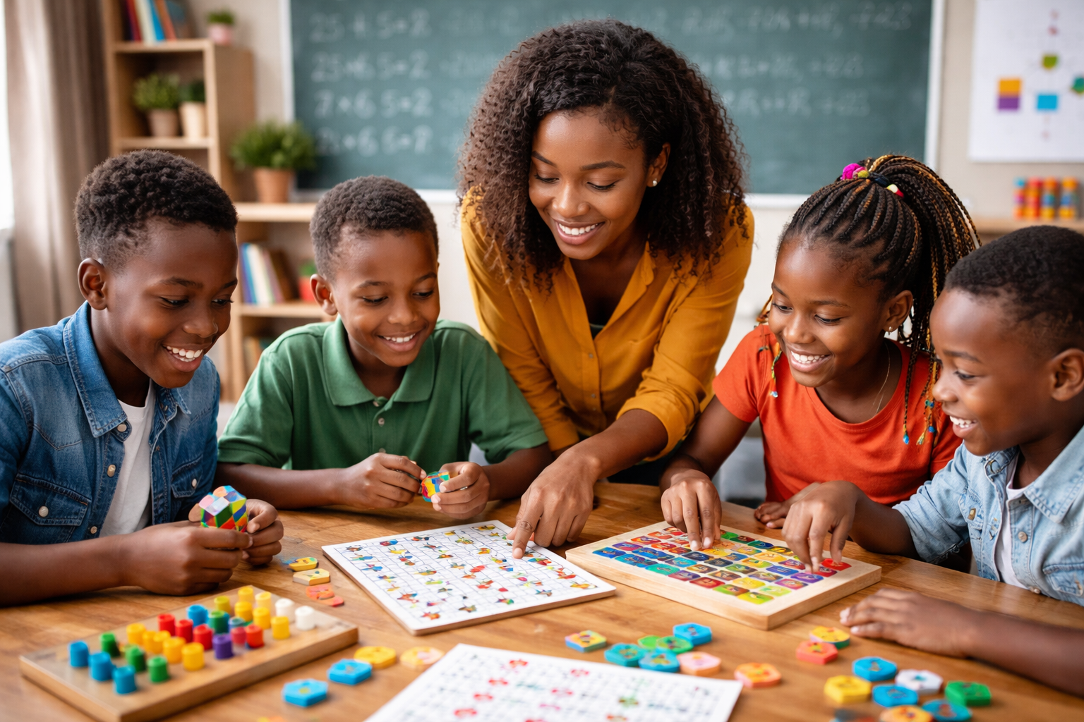 Students working together on math logic puzzles in a classroom to develop critical thinking and problem-solving skills