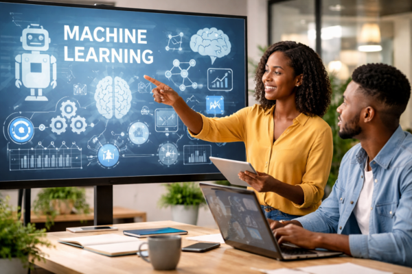 Illustration showing Machine Learning concepts with data, algorithms, artificial intelligence, and real-world applications such as healthcare, finance, and education.