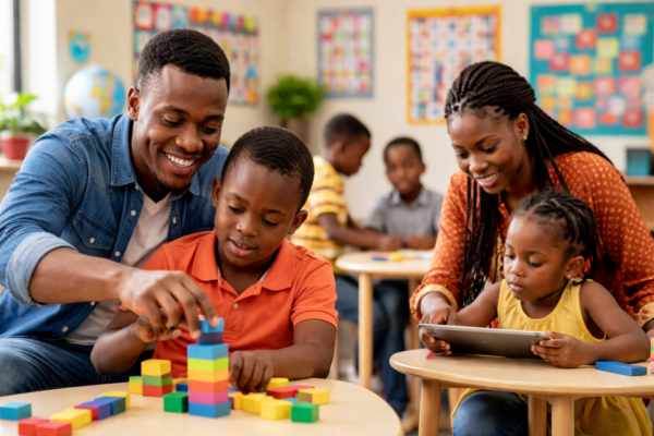Special education teacher supporting a diverse group of students with different learning needs in an inclusive classroom environment.