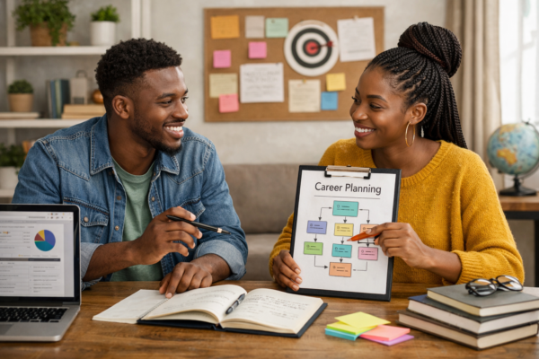 Illustration showing the seven steps in choosing a career, including self-assessment, career exploration, job market research, and goal setting