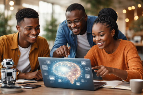 Illustration explaining machine learning with real-world examples such as smartphones, online shopping, healthcare, and transportation.