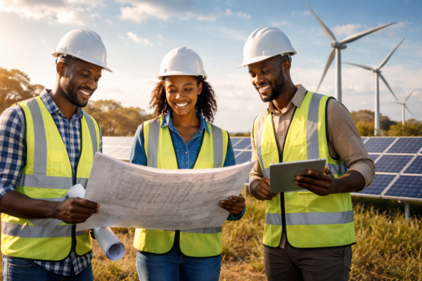 Renewable energy engineers installing solar panels and wind turbines to support a sustainable and clean energy future