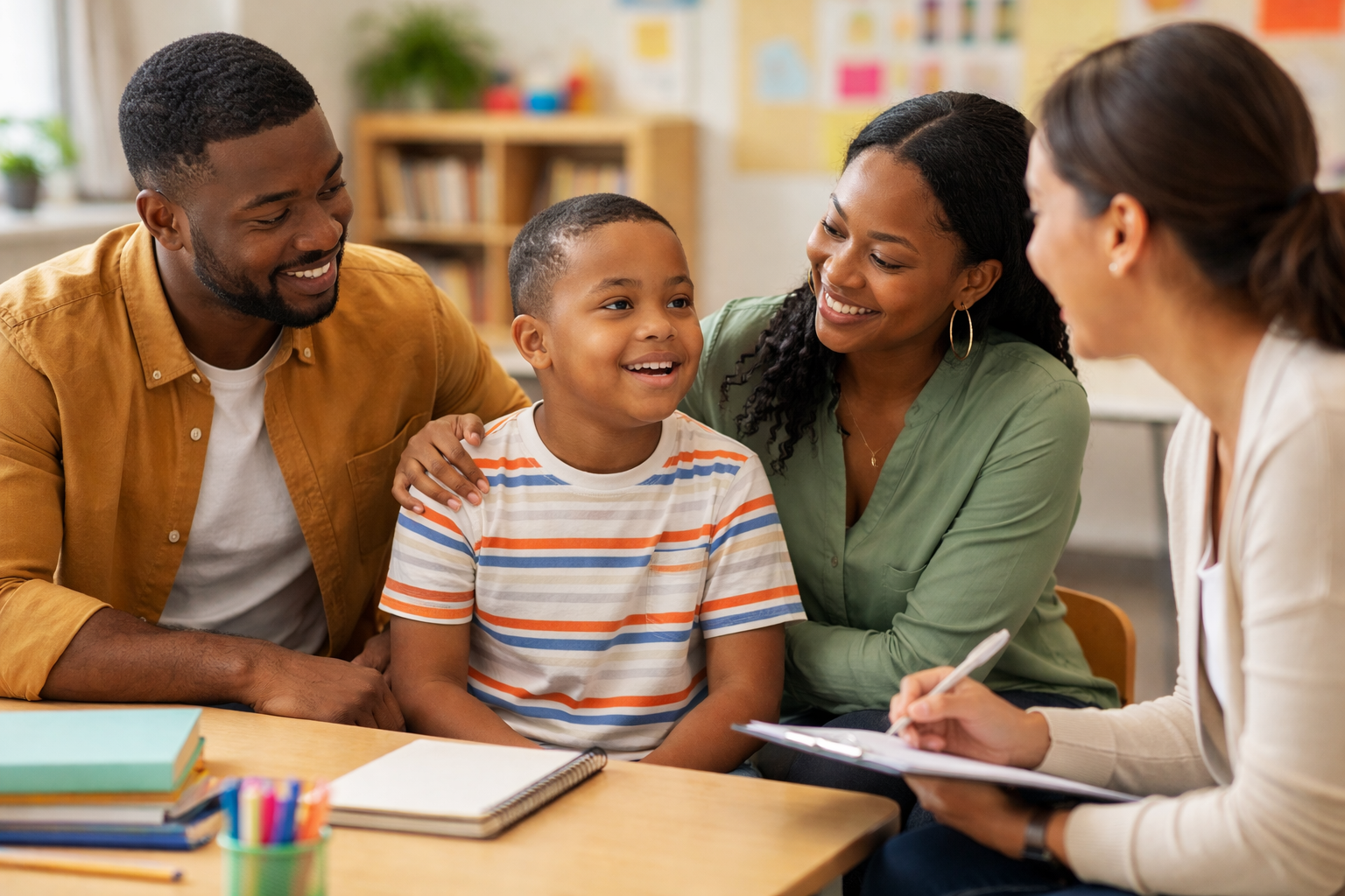 Parents and teachers collaborating during a special education meeting while supporting a child’s learning and development in an inclusive classroom