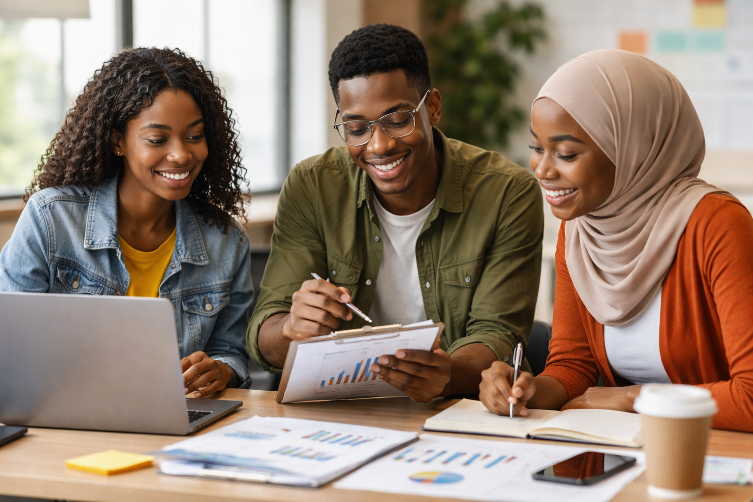 Business education students collaborating on a real-world career skills project in a modern learning environment