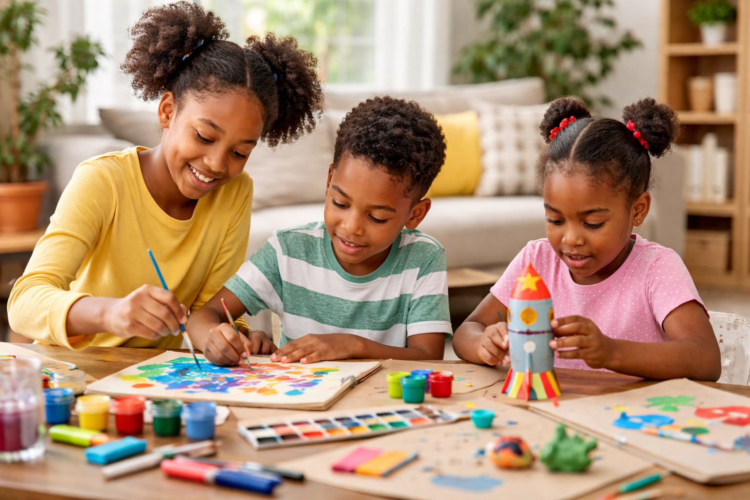 Children doing creative art activities at home using paper, crayons, and craft materials to support early learning and development