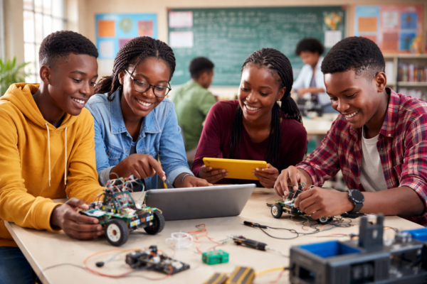 Students collaborating on a project-based learning activity in a modern classroom environment