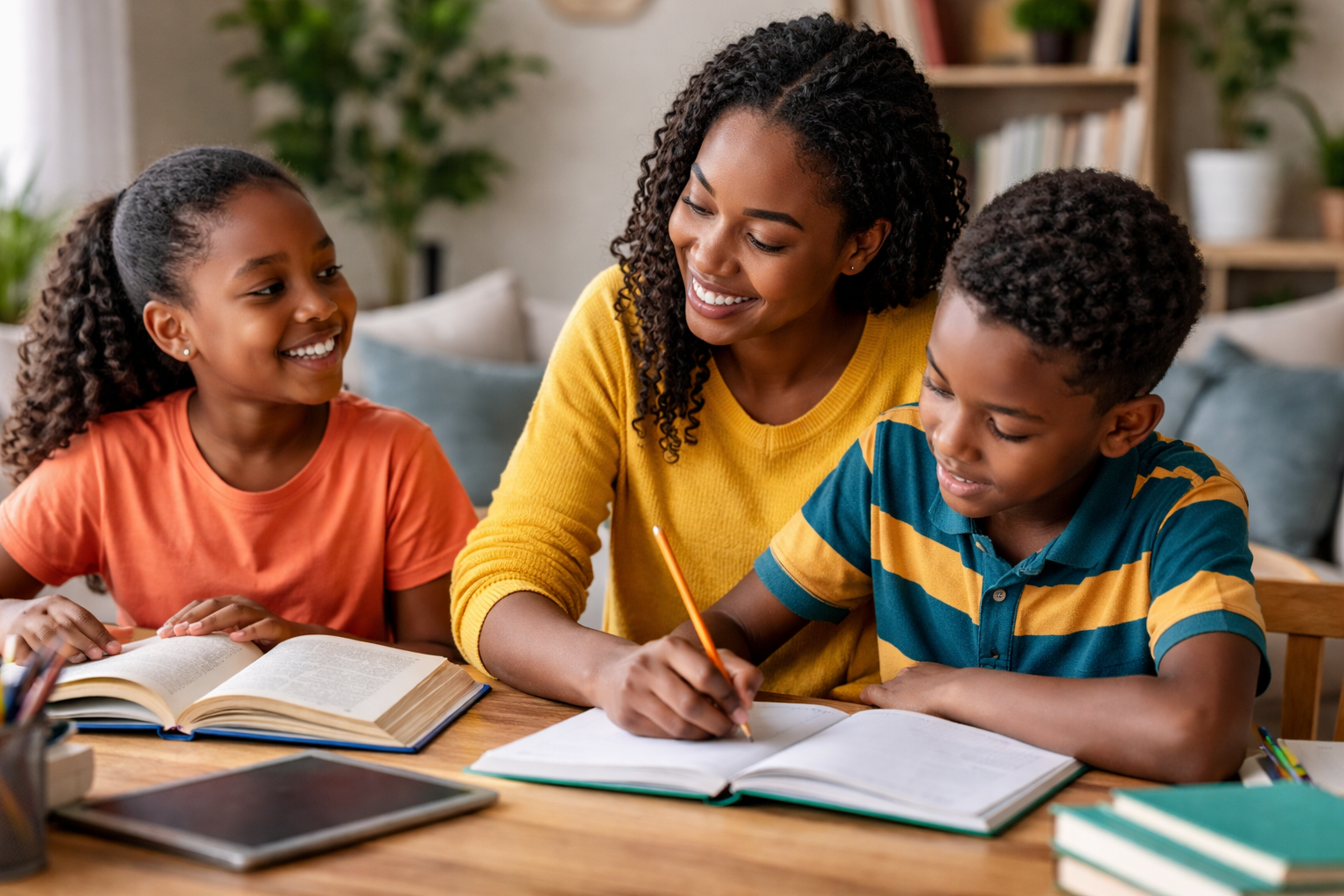 Parents supporting a child while studying at home, creating a positive learning environment that encourages education, curiosity, and discipline.