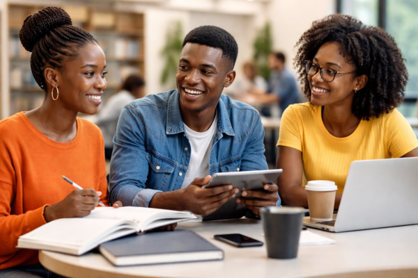 Students collaborating in a modern classroom while developing communication, critical thinking, and problem-solving skills