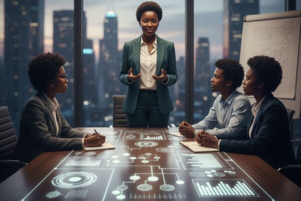 A modern leader using empathy and communication skills to connect with a team in a technology-driven workplace