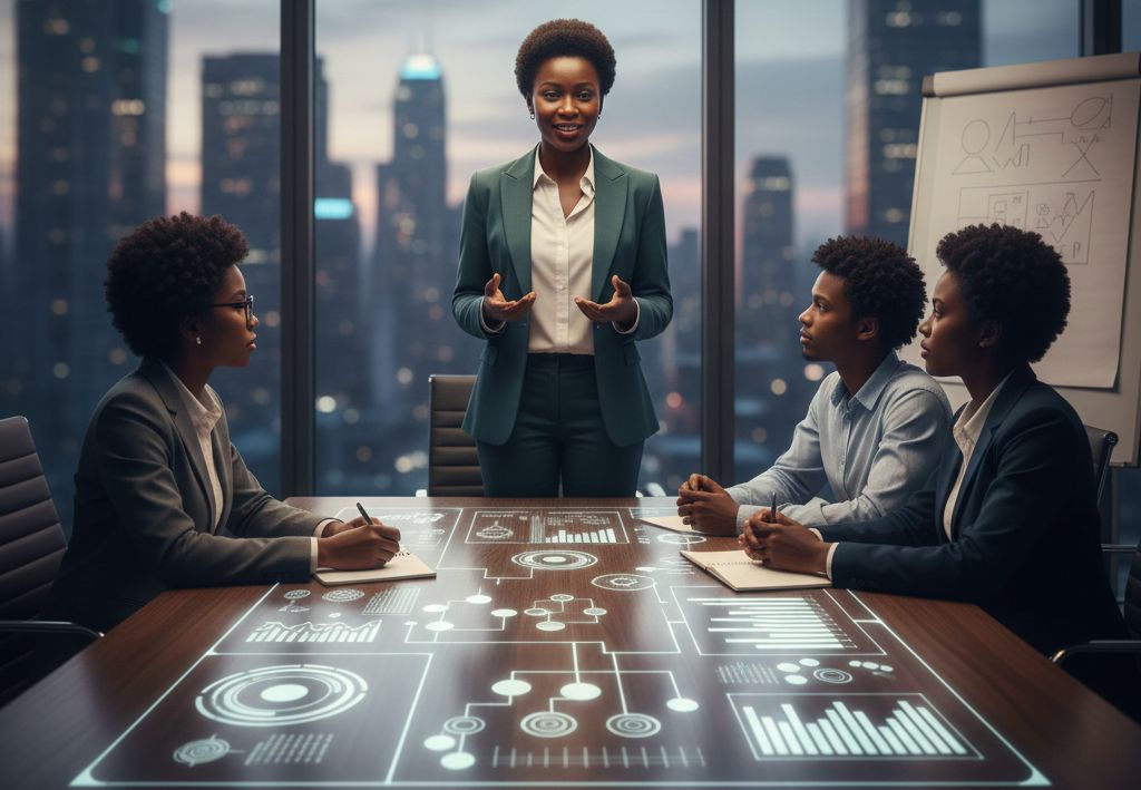 A modern leader using empathy and communication skills to connect with a team in a technology-driven workplace