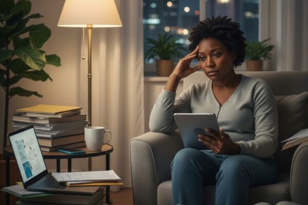 A tired teacher sitting alone in an empty classroom after school, surrounded by paperwork and lesson materials, reflecting the emotional and administrative demands of teaching.