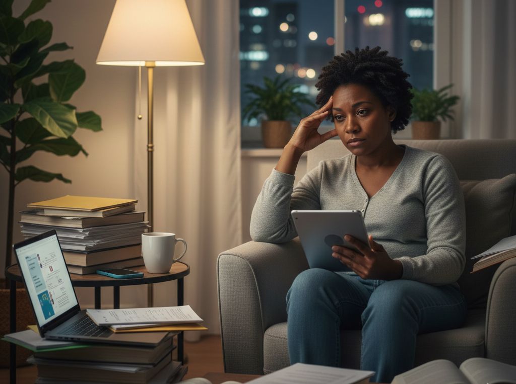 A tired teacher sitting alone in an empty classroom after school, surrounded by paperwork and lesson materials, reflecting the emotional and administrative demands of teaching.