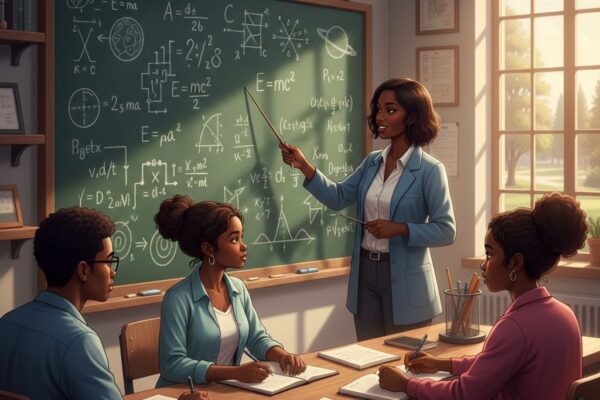 Illustration showing essential physics formulas for beginners, including motion, force, energy, electricity, and waves