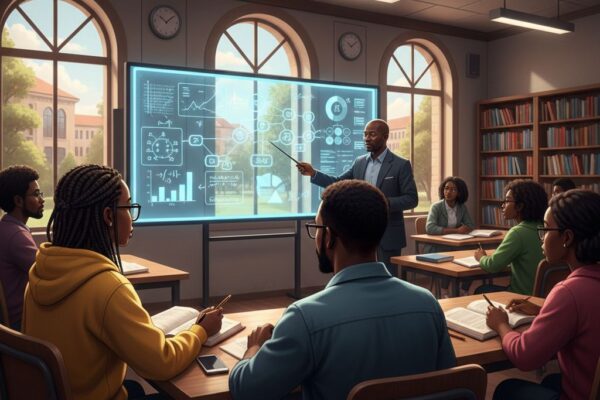 College students analyzing graphs and data while learning quantitative reasoning skills for real-world decision-making.