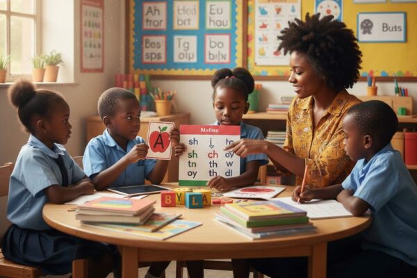 A teacher guiding young students through phonics reading activities, focusing on letter sounds and early literacy development.