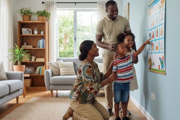 Parent calmly guiding a child with positive discipline, showing cooperation and communication in a peaceful home environment