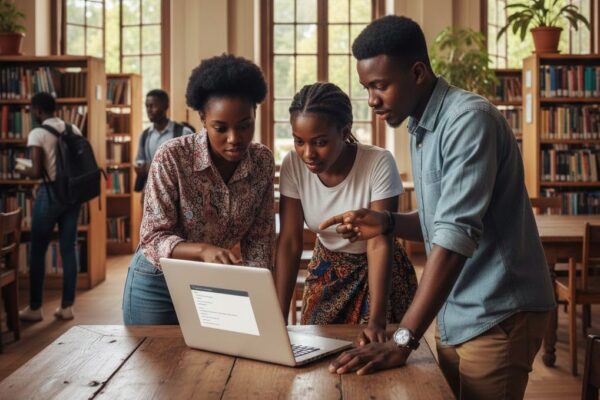 Newly admitted Nigerian university students reviewing education loan information on a laptop, representing NELFUND application eligibility.