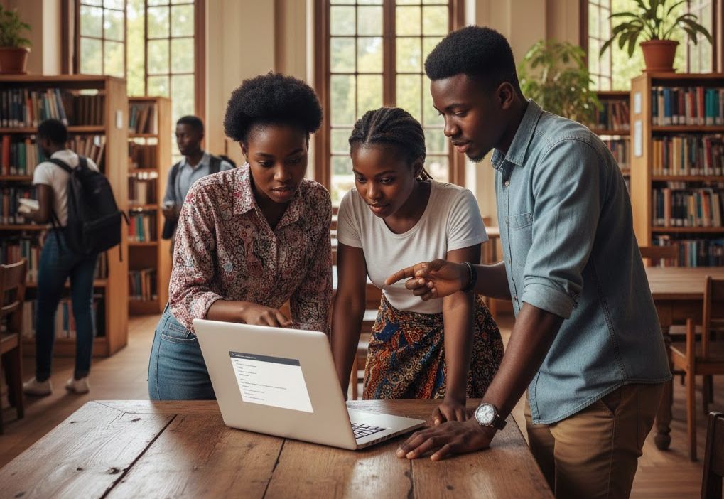 Newly admitted Nigerian university students reviewing education loan information on a laptop, representing NELFUND application eligibility.