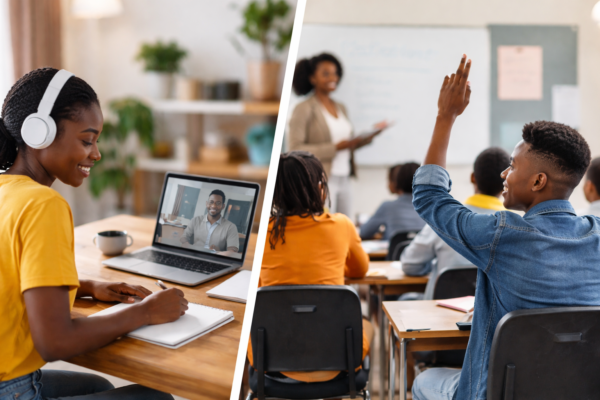 Comparison of online learning and traditional classroom education showing a student studying on a laptop at home and students learning face-to-face in a classroom.