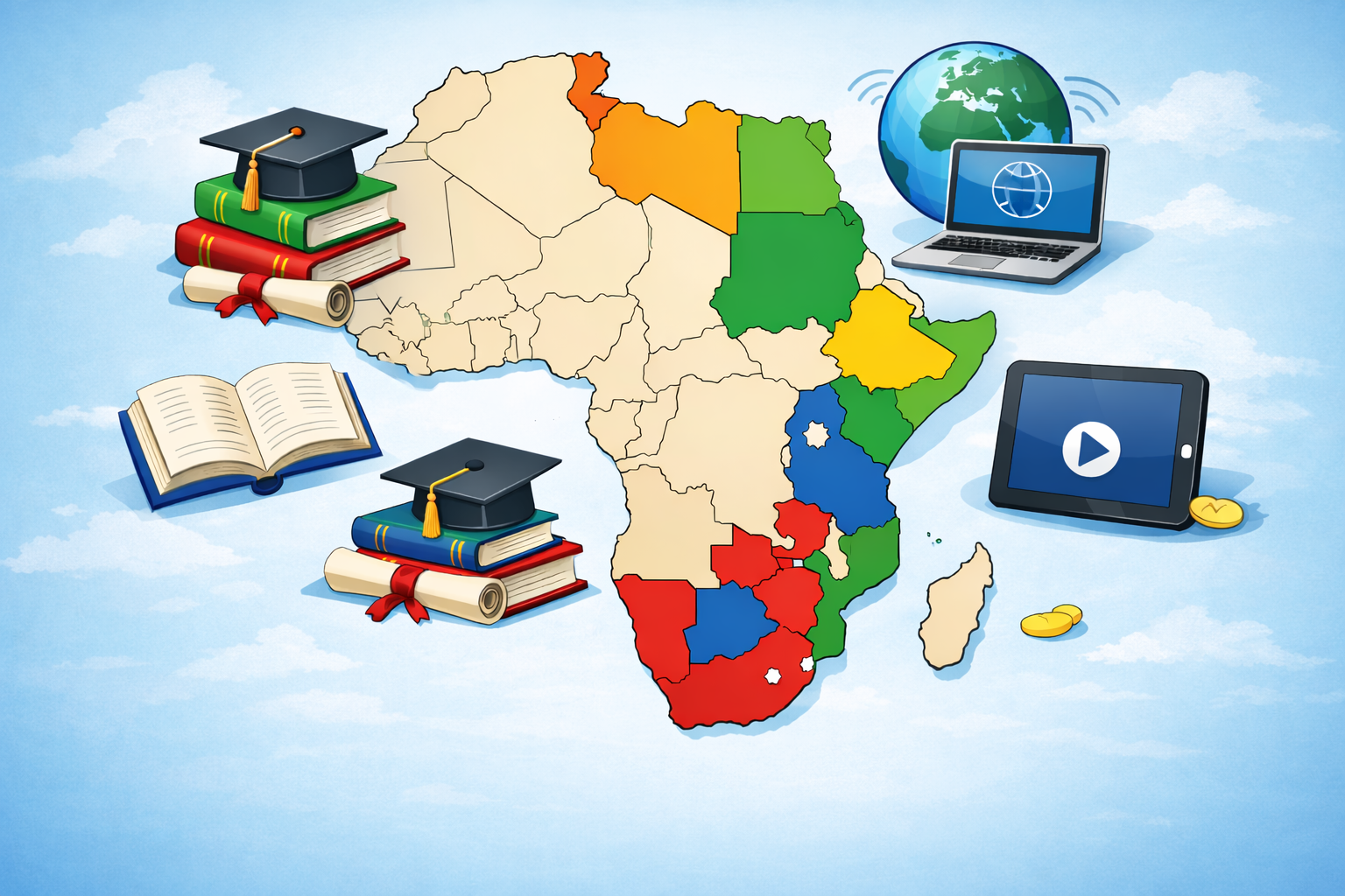 Map of Africa highlighting top education systems: Mauritius, South Africa, Tunisia, Kenya, Rwanda, and Botswana, with icons representing literacy, universities, and innovation in education.