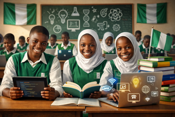 igerian students in a classroom learning about democracy, national unity, STEM, and personal growth as part of Nigeria's five main education goals