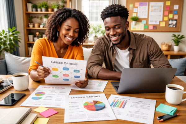 Young professional evaluating different career options using a structured decision framework for long-term success.