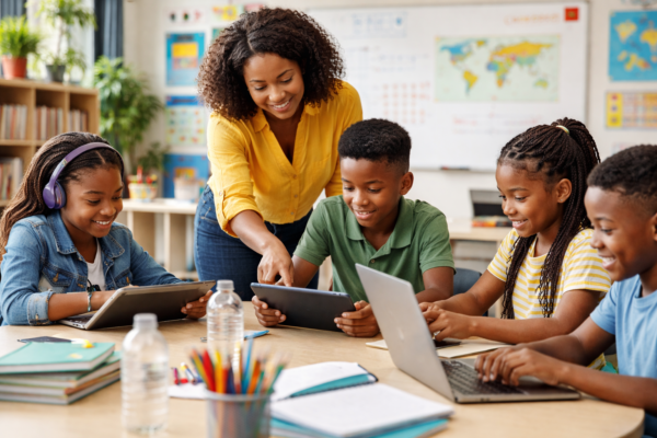 Teacher guiding students in a modern classroom using AI-powered adaptive learning technology to personalize education