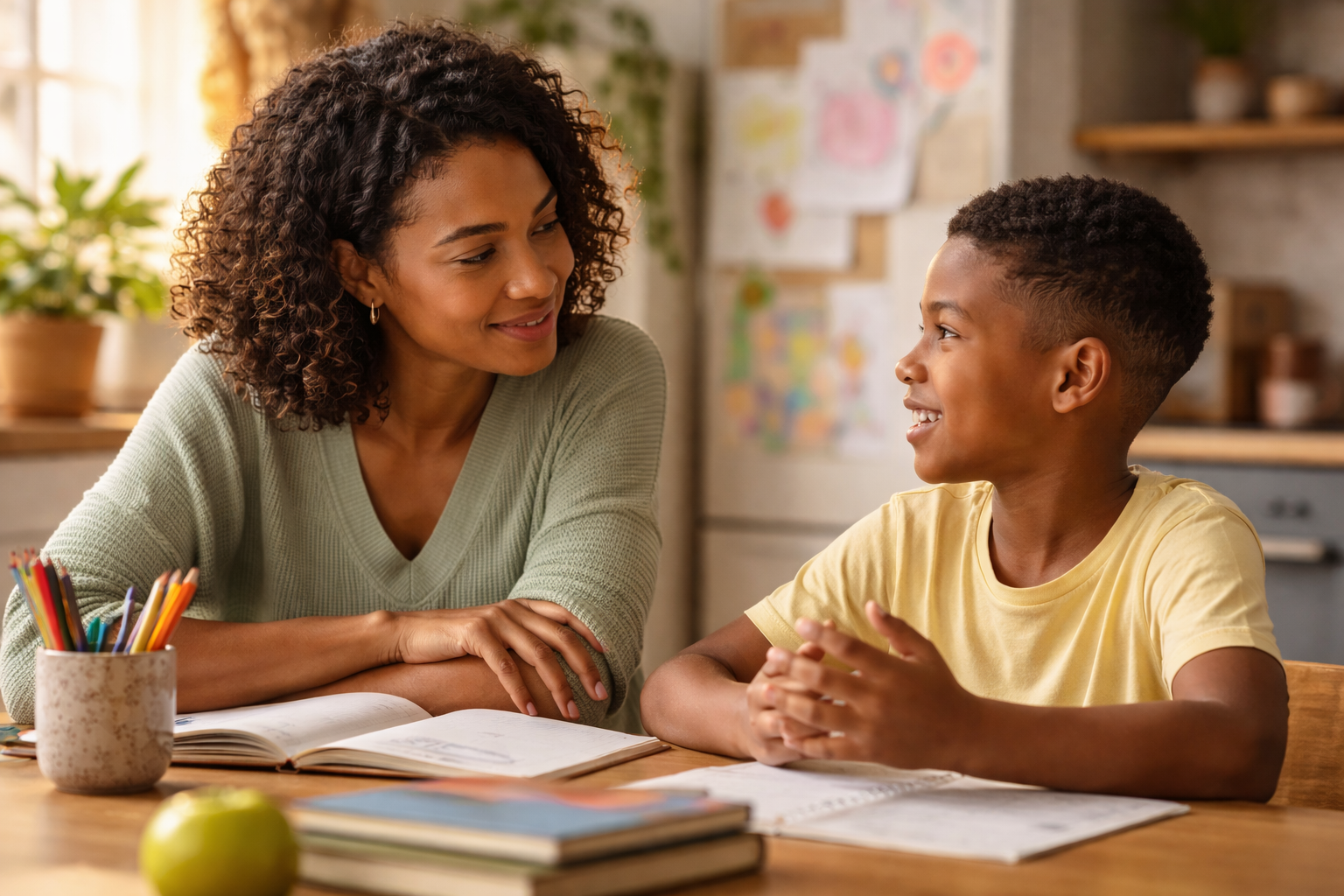 Parent sitting at eye level with child, practicing positive communication and supportive parenting based on the five pillars of parenting
