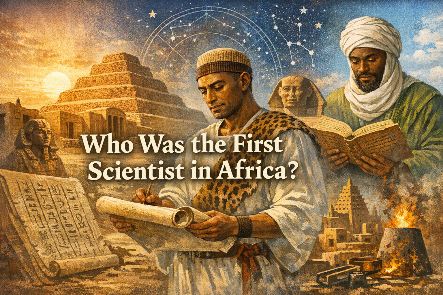 Illustration of Imhotep, ancient Egyptian scientist and architect, with the Step Pyramid of Djoser, hieroglyphs, and symbols of astronomy, medicine, and mathematics, representing the history of African science