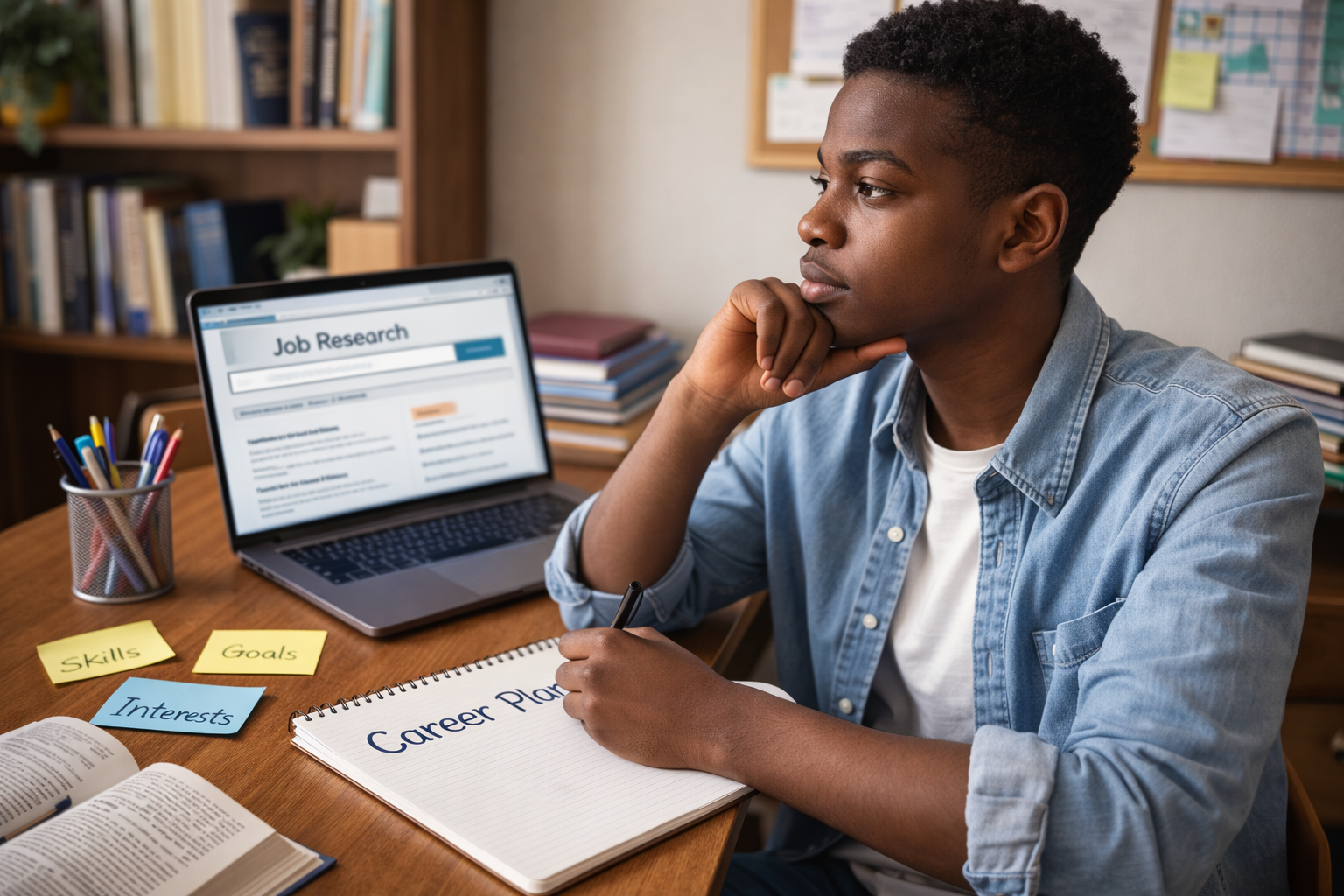 Student planning future career path using laptop, notebook, and self-assessment tools in a study environment