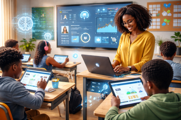 Teacher using AI-powered learning analytics dashboard in a modern classroom with students working on adaptive education software
