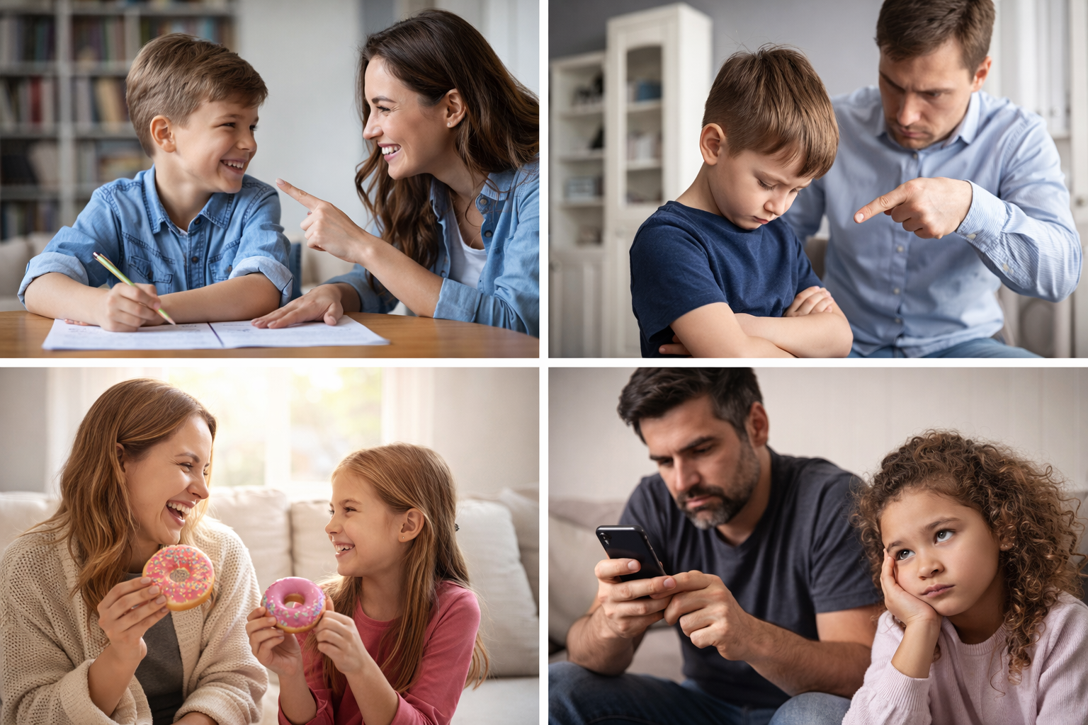 Parent and child interaction examples representing authoritative, authoritarian, permissive, and uninvolved parenting styles.